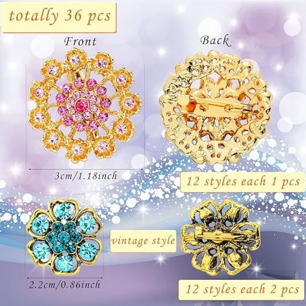 Women's Vintage 36 Pieces Crystal Brooches and Pins Costume Jewellry Retro